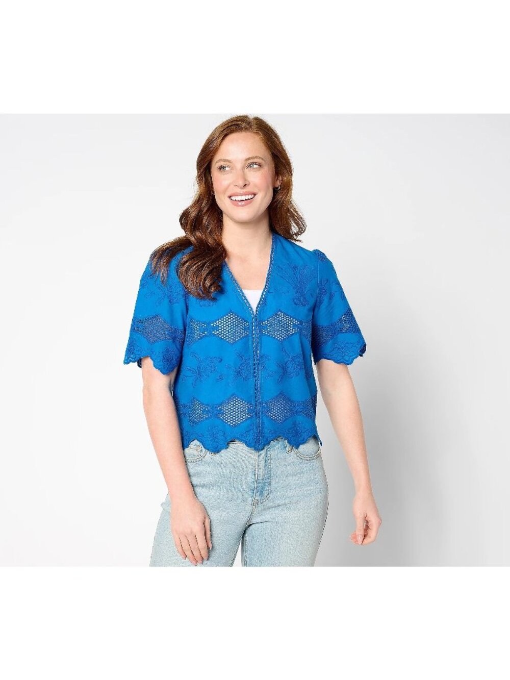 LOGO Lavish by Lori Goldstein Jacket Size XXS Eyelet Lace Cropped Blue NEW
